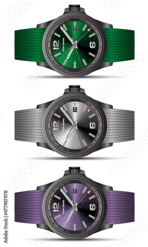 Realistic clock watch chronograph green silver purple steel fabric strap collection for men luxury on white background object vector