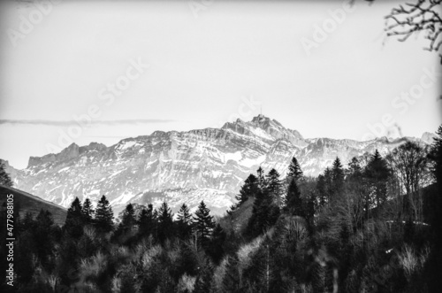 black and white image from sunset in the mountains. The Säntis mountain in the Appenzell Alps Switzerland photo