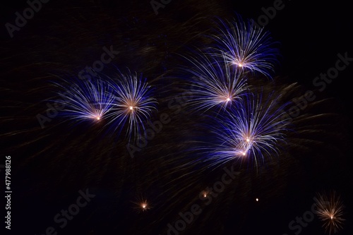 Fireworks Display at New Year's Eve. Blue, Sapphire Fireworks.