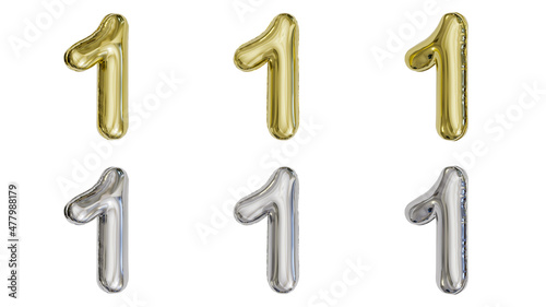 aluminum foil inflated balloon alphabet digit 1 gold and silver different angles