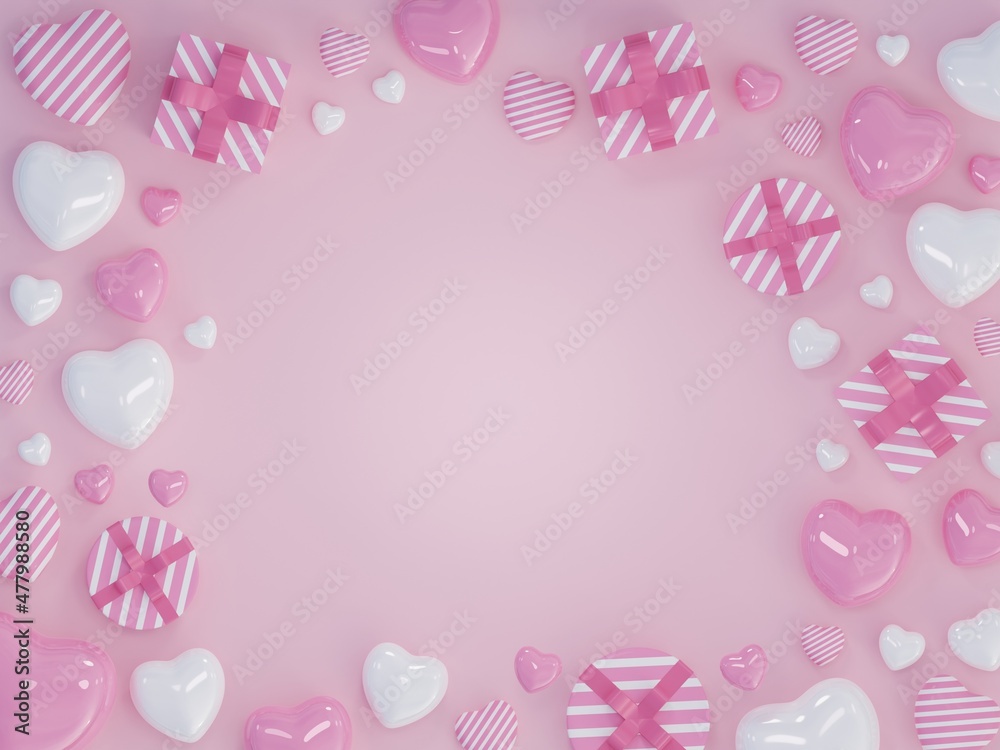 banner background with 3d realistic pink heart gift box bubble speech pastel romantic greeting card design with lovely elements