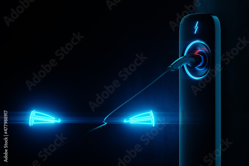 Fototapeta Naklejka Na Ścianę i Meble -  Charging station for an electric car on a dark background. Power plant, green technology, future, copy space. 3D rendering, 3D illustration