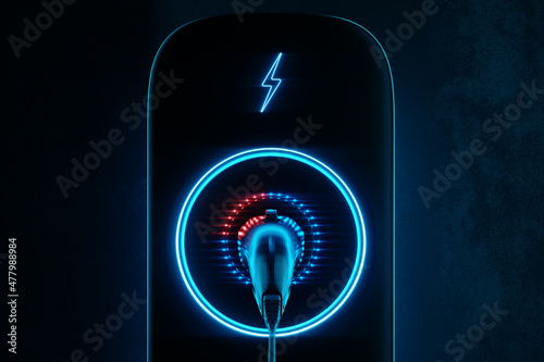 Fototapeta Naklejka Na Ścianę i Meble -  Charging station for an electric car on a dark background. Power station, neon, green technology, future, copy space. 3D rendering, 3D illustration