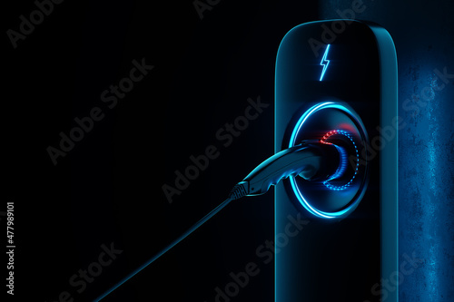 Charging station for an electric car on a dark background. Power station, neon, green technology, future, copy space. 3D rendering, 3D illustration photo