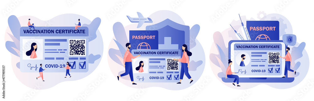 Vaccine passport. Vaccination certificate. People health passport of vaccination for covid-19. Travel during Coronavirus pandemic. Modern flat cartoon style. Vector illustration on white background Vaccine passport. Vaccination certificate. People health passport of vaccination for covid-19. Travel during Coronavirus pandemic. Modern flat cartoon style. Vector illustration on white background