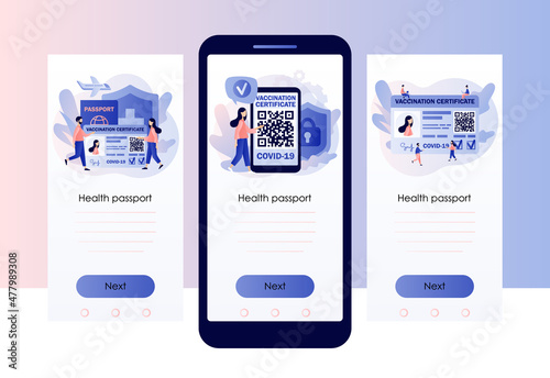 Vaccine passport. Vaccination certificate. Tiny people health passport of vaccination for covid-19. Screen template for mobile, smartphone app. Modern flat cartoon style. Vector illustration