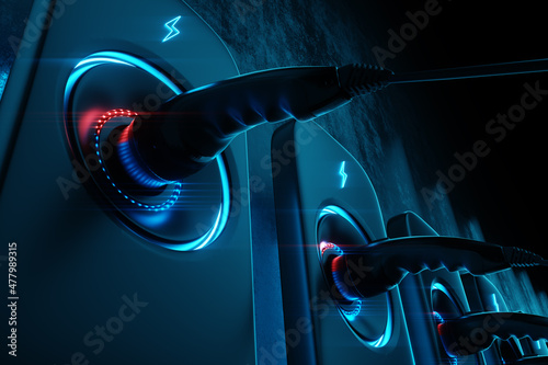 Fototapeta Naklejka Na Ścianę i Meble -  Charging station for an electric car on a dark background. Power plant, green technology, future, copy space. 3D rendering, 3D illustration