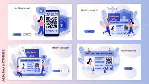 Vaccine passport. Vaccination certificate. Tiny people health passport of vaccination for covid-19. Screen template for landing page, template, ui, web, mobile app, poster, banner, flyer. Vector 