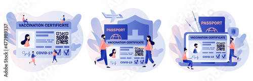 Vaccine passport. Vaccination certificate. People health passport of vaccination for covid-19. Travel during Coronavirus pandemic. Modern flat cartoon style. Vector illustration on white background