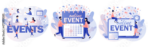 Online events, corporate party, meeting friends and colleagues. Video conference. Tiny people team celebration on video chat. Modern flat cartoon style. Vector illustration on white background