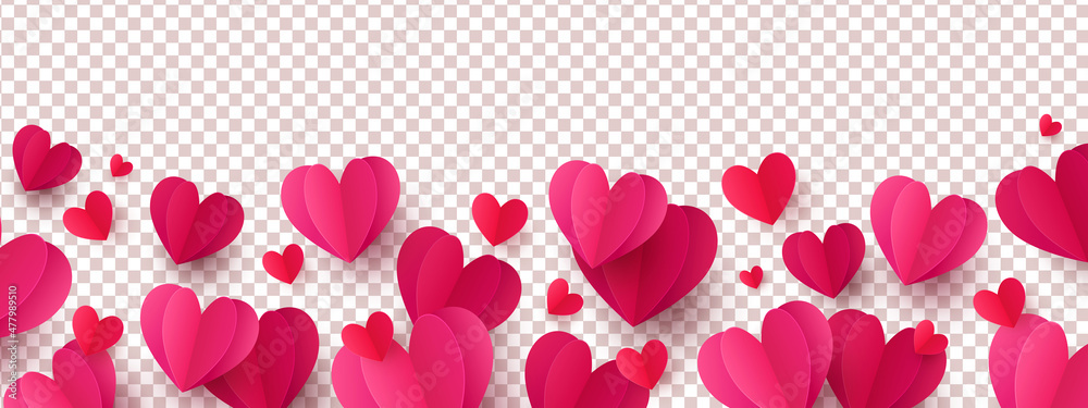 Romantic love background with long horizontal border made of beautiful falling pink and red colored paper hearts isolated on background. Happy Valentine's Day vector illustration
