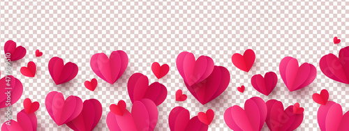 Photo Romantic love background with long horizontal border made of beautiful falling pink and red colored paper hearts isolated on background