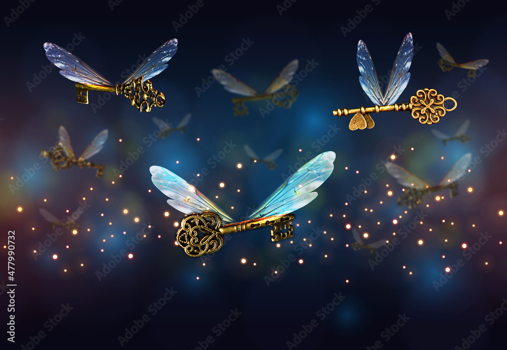 magical flying key meaning with dragonfly wings - obrazy, fototapety, plakaty 