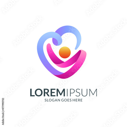 childcare and love logo template, logo design a heart shape blends with the child