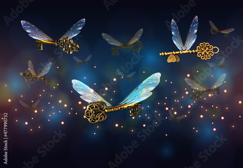 magical flying key meaning with dragonfly wings photo