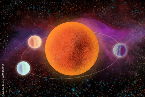 Fototapeta Naklejka Na Ścianę i Meble -  Mars with moons Phobos and Deimos, member of the solar system space illustration banner,