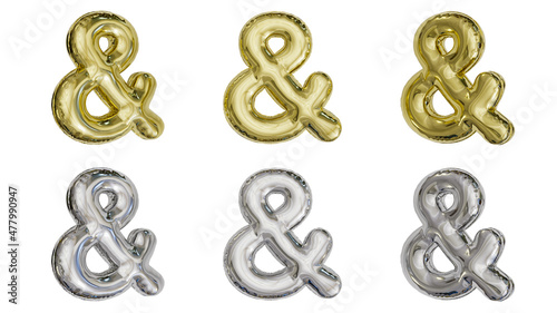 aluminum foil inflated balloon alphabet ampersand (at sign) gold and silver different angles