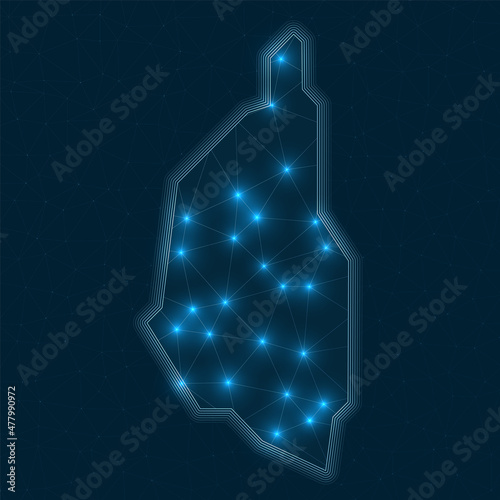 Penang Island network map. Abstract geometric map of the island. Digital connections and telecommunication design. Glowing internet network. Powerful vector illustration.