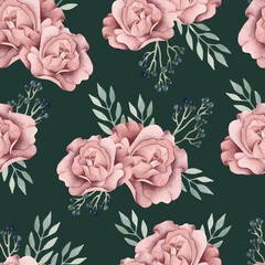 Rideaux Rose clair patrons Watercolor smokey pink rose seamless pattern on dark background  © Uli Prozorova