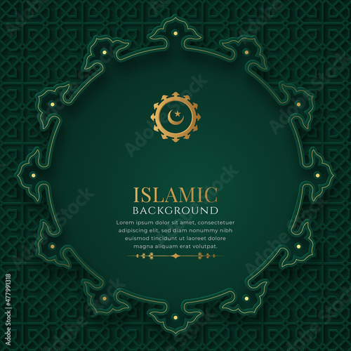Arabic Elegant Green and Golden Luxury Islamic Ornamental Circle Shape Background with Islamic Pattern