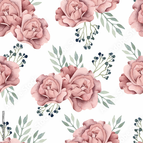 Watercolor smokey pink rose seamless pattern on white background	