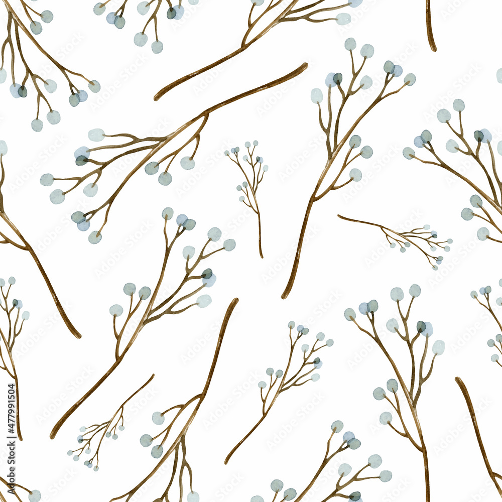 Branches with berries watercolor seamless pattern 