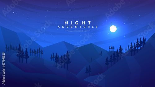 Vector illustration. Minimalist landscape background. Dark night scene. Cloudy sky with moon. Polygonal style. Hill and woods. Natural concept wallpapers. Design for web banner, website template