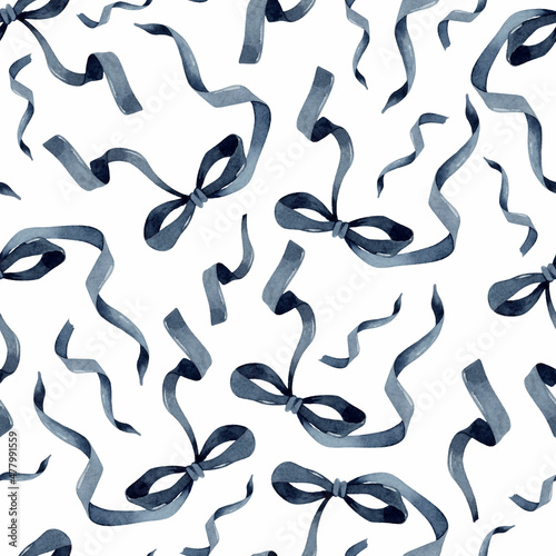 Dark blue ribbon bow watercolor seamless pattern