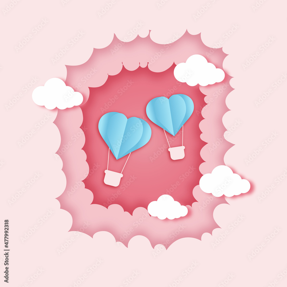 paper cut heart balloons flying above the clouds