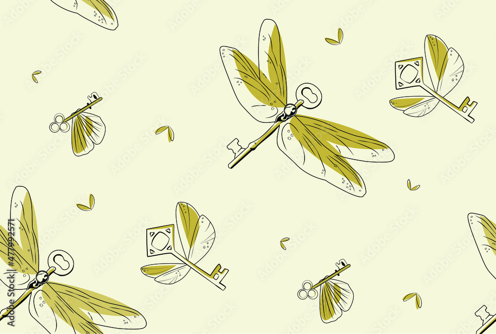 Obraz premium Magic light background for witches and wizards with keys and butterflies. Vector seamless pattern in vintage style. Magic flying keys, dragonflies and moths