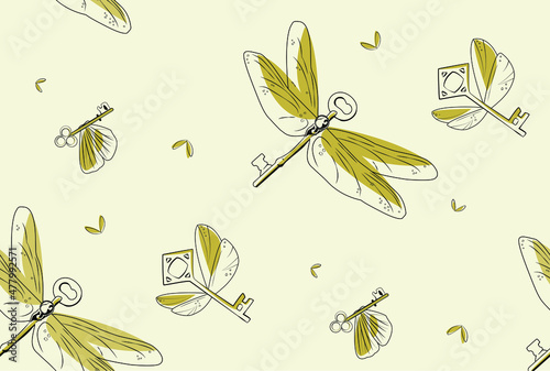 Magic light background for witches and wizards with keys and butterflies. Vector seamless pattern in vintage style. Magic flying keys, dragonflies and moths