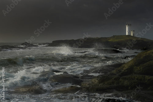 A view Elie lighthouse, Fife Scotland with coastline.