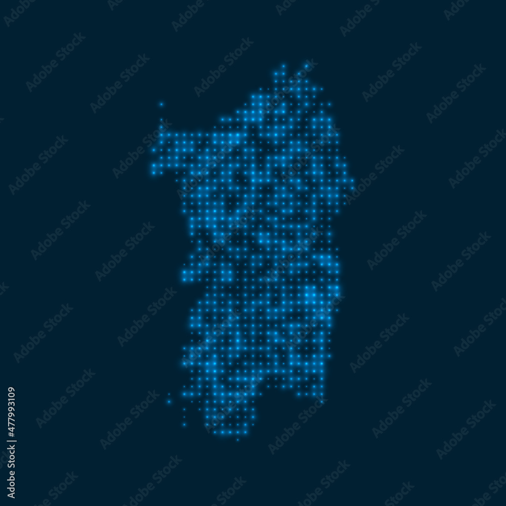 Sardinia dotted glowing map. Shape of the island with blue bright bulbs. Vector illustration.