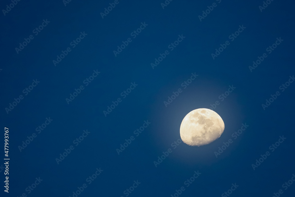 Close up Half moon on the blue sky in open cloudy sky Close up Half moon on the blue sky in open cloudy sky