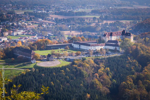 Aerial view of castle Seggauberg in the Südsteiermark vinery region in Austria