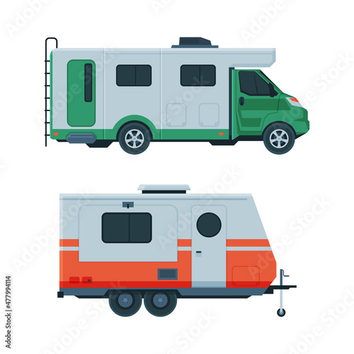 Foto Caravan or Travel Trailer as Towed Behind Road Vehicle Side View Vector Set