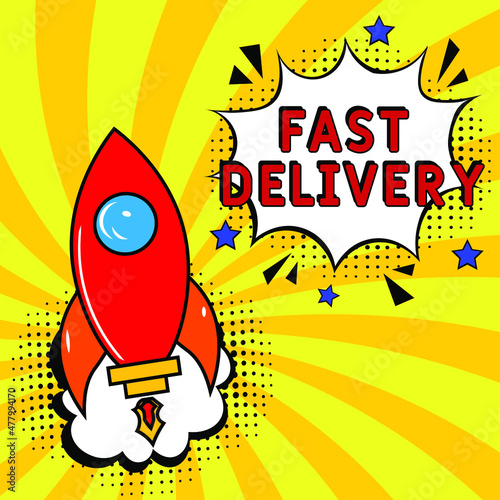 Comic book explosion with text Fast Delivery  vector illustration. Fast Delivery in comic pop art style. Comic advertising concept with Fast Delivery wording. Modern Web Banner Element