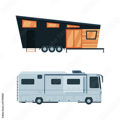 Caravan or Travel Trailer as Towed Behind Road Vehicle Side View Vector Set