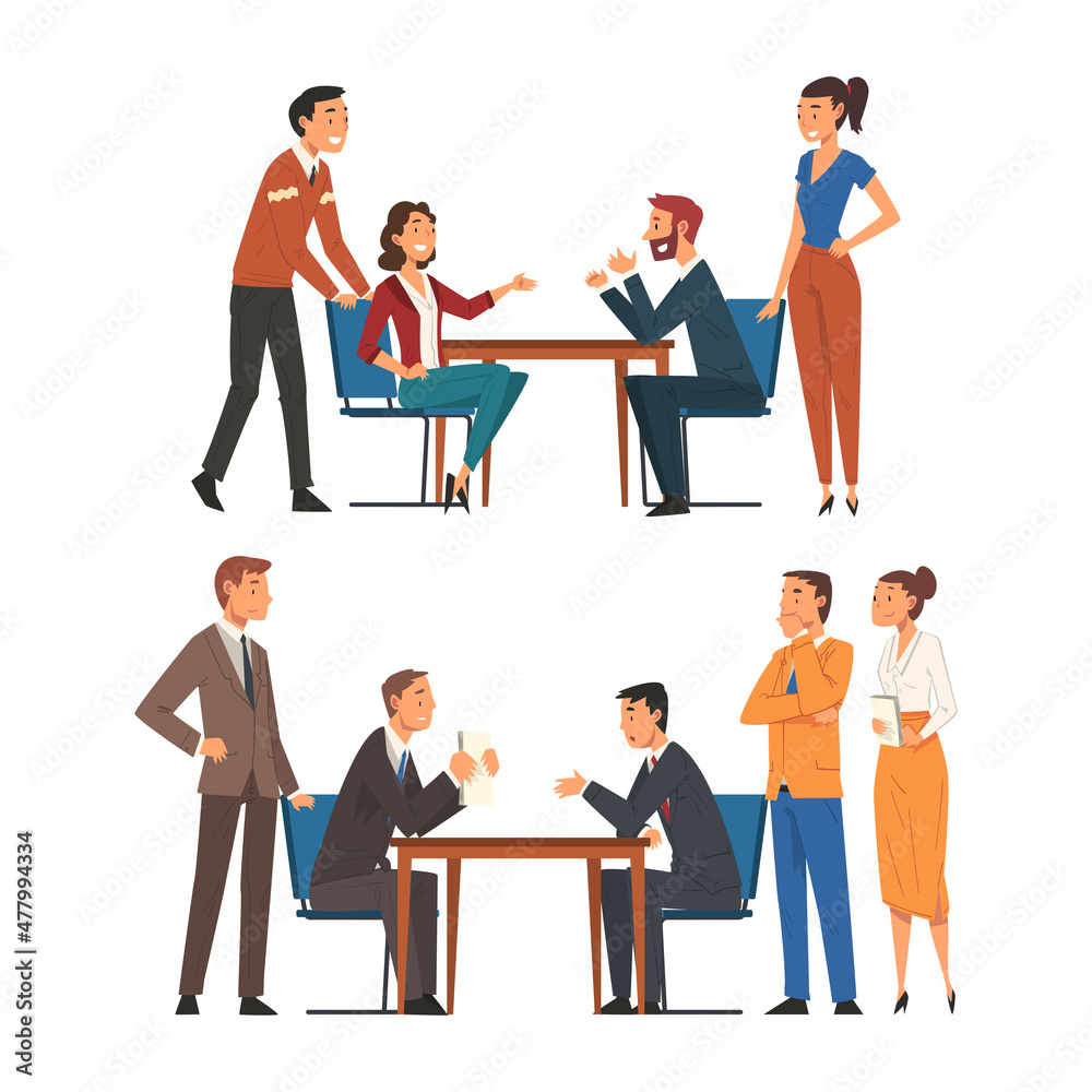 Business Partner Sitting at Table Face to Face Engaged in Negotiation Vector Set Business Partner Sitting at Table Face to Face Engaged in Negotiation Vector Set