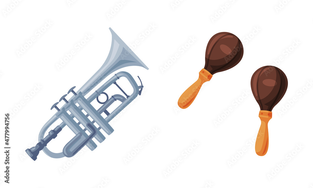 Maraca and Trumpet as Musical Instrument Vector Set Maraca and Trumpet as Musical Instrument Vector Set