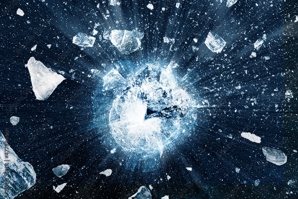 Shattered ice background. Crushed ice pieces spread away from the