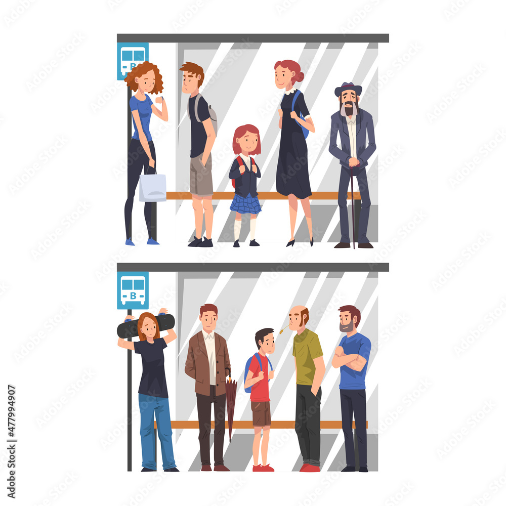 People Character Standing at Bus Stop Waiting for Public Transport Vector Set People Character Standing at Bus Stop Waiting for Public Transport Vector Set