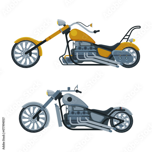 Tela Motorcycle or Motorbike Type as Two-wheeled Motor Vehicle Side View Vector Set
