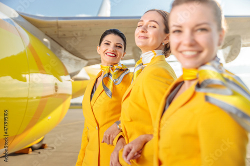 Joyful female flight attendants standing near aircraft at airport