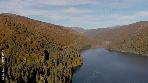 Lake in the mountains from a bird's eye view. Mountain lake in autumn.