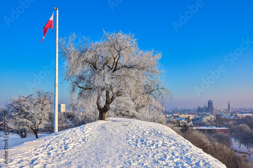 Obraz na płótnie The mast with the Polish flag. Beautiful winter panorama of the city of Gdansk, Poland. w salonie