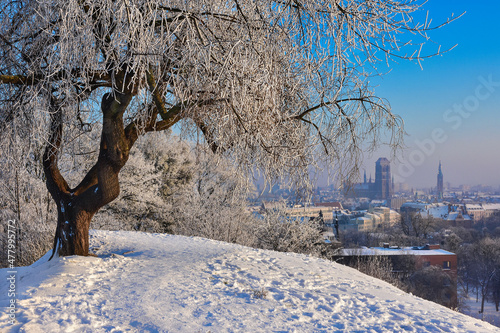 Beautiful winter panorama of the city of Gdansk, Poland.