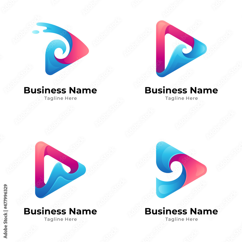 media play and wave logo set, arrow and water logo collection