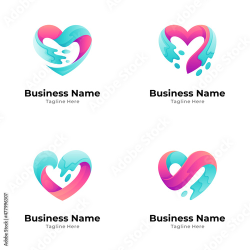 love wave logo set, heart and water splash logo