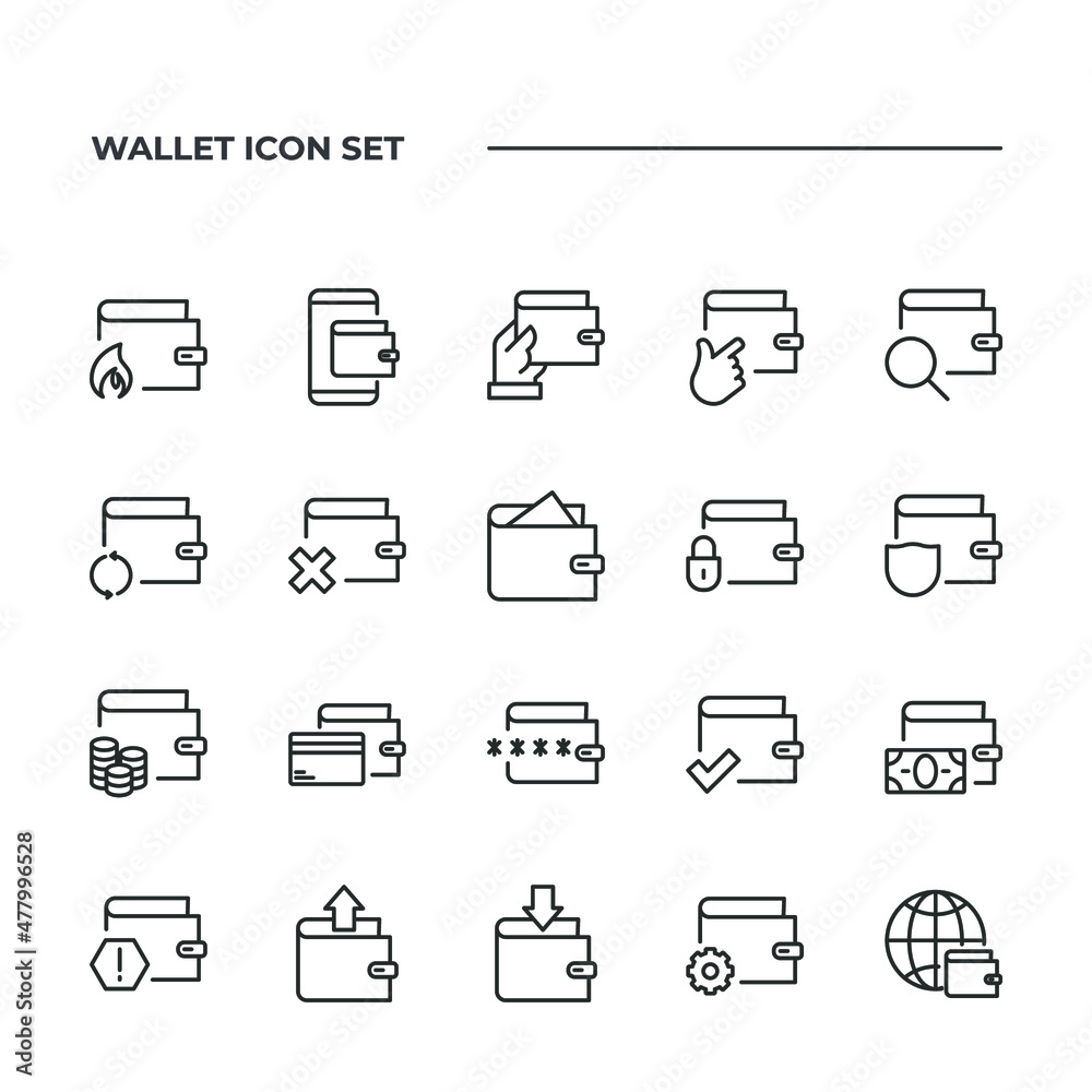 simple set of Wallet vector icons with editable line styles covering cash withdraw, money transfer, payment and other. isolated on white background. 